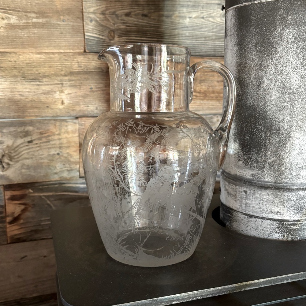 Antique Etched Glass Pitcher